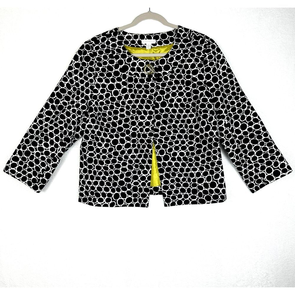 Charter Club Womens Jacket Black White Circles Large Green Lining 3/4 Sleeve